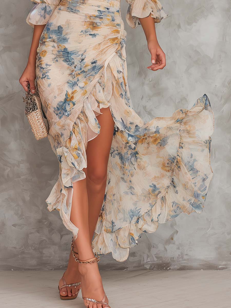 Daphne floral maxi dress in cream, detail of cascading ruffle skirt