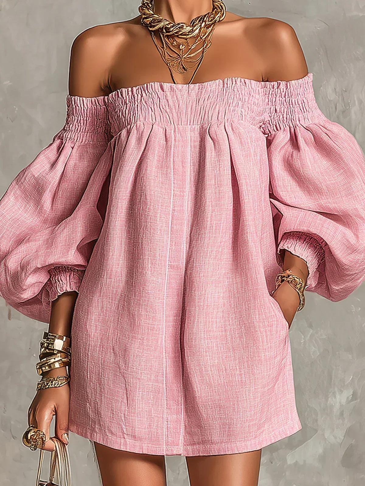 Gisela off-shoulder mini dress in pink, close three-quarter front view