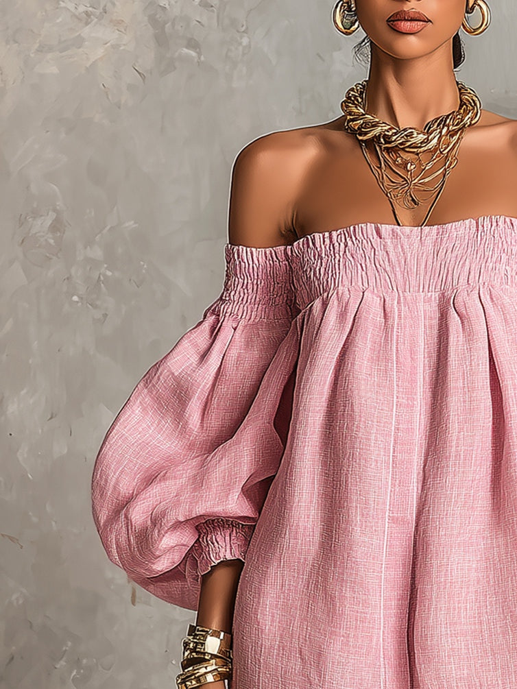 Violette pink dress detail, shirred off-shoulder band and lantern sleeve