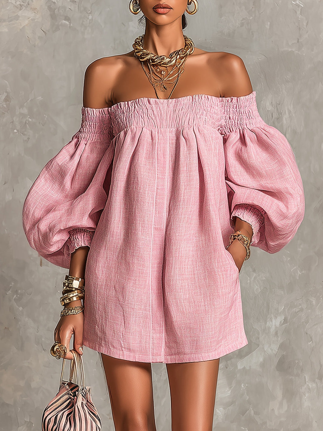 Violette off-shoulder mini dress in pink, front view with lantern sleeves
