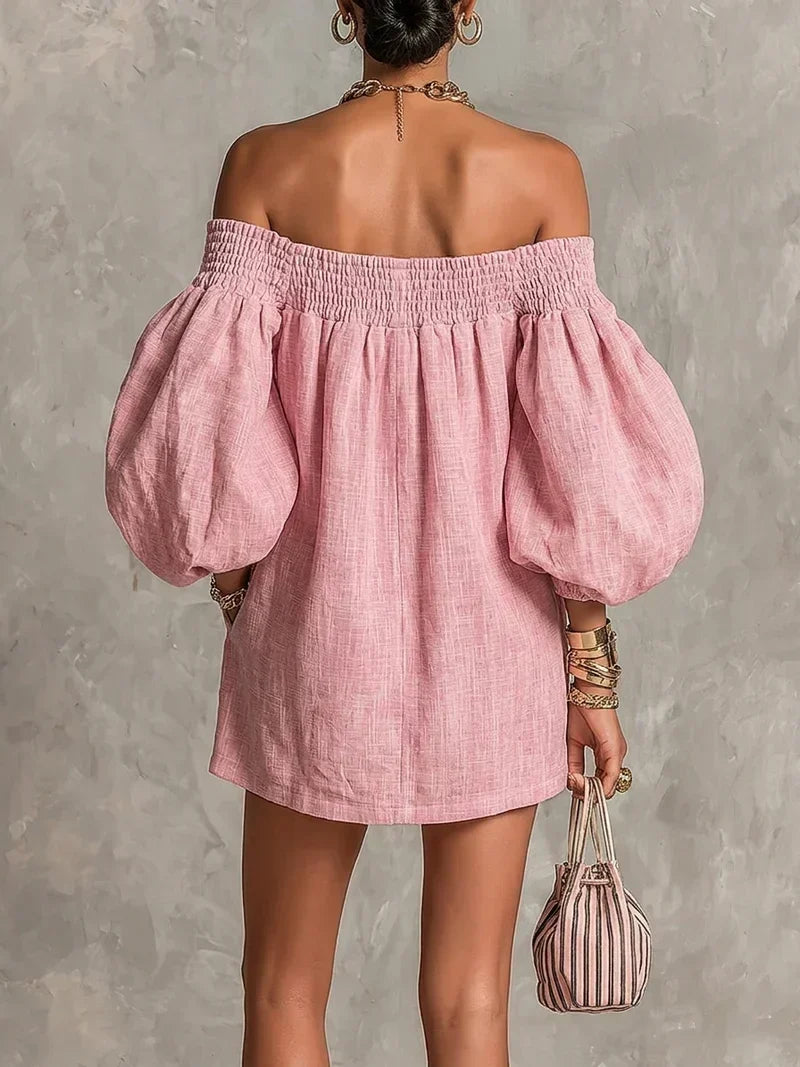 Gisela off-shoulder mini dress in pink, back view showing shirred neckline