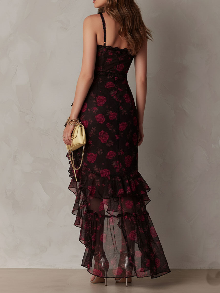 Harriet rose print dress in black, full back view