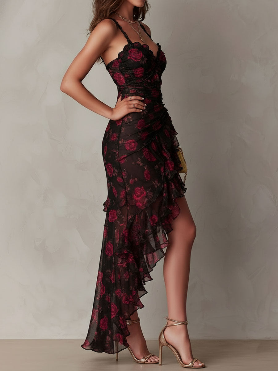 Harriet dark floral dress in black, side view with ruffled hem