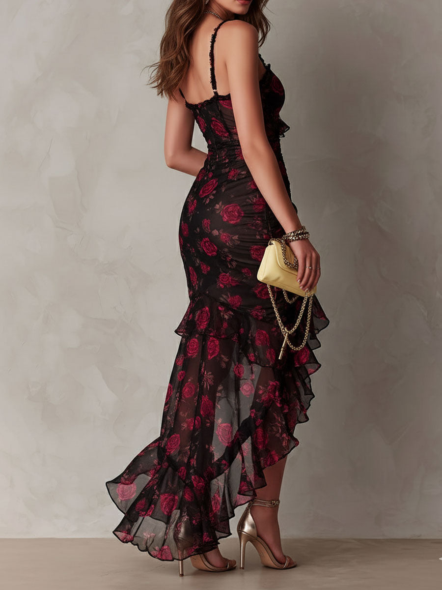 Harriet floral ruffle dress in black, back three-quarter view