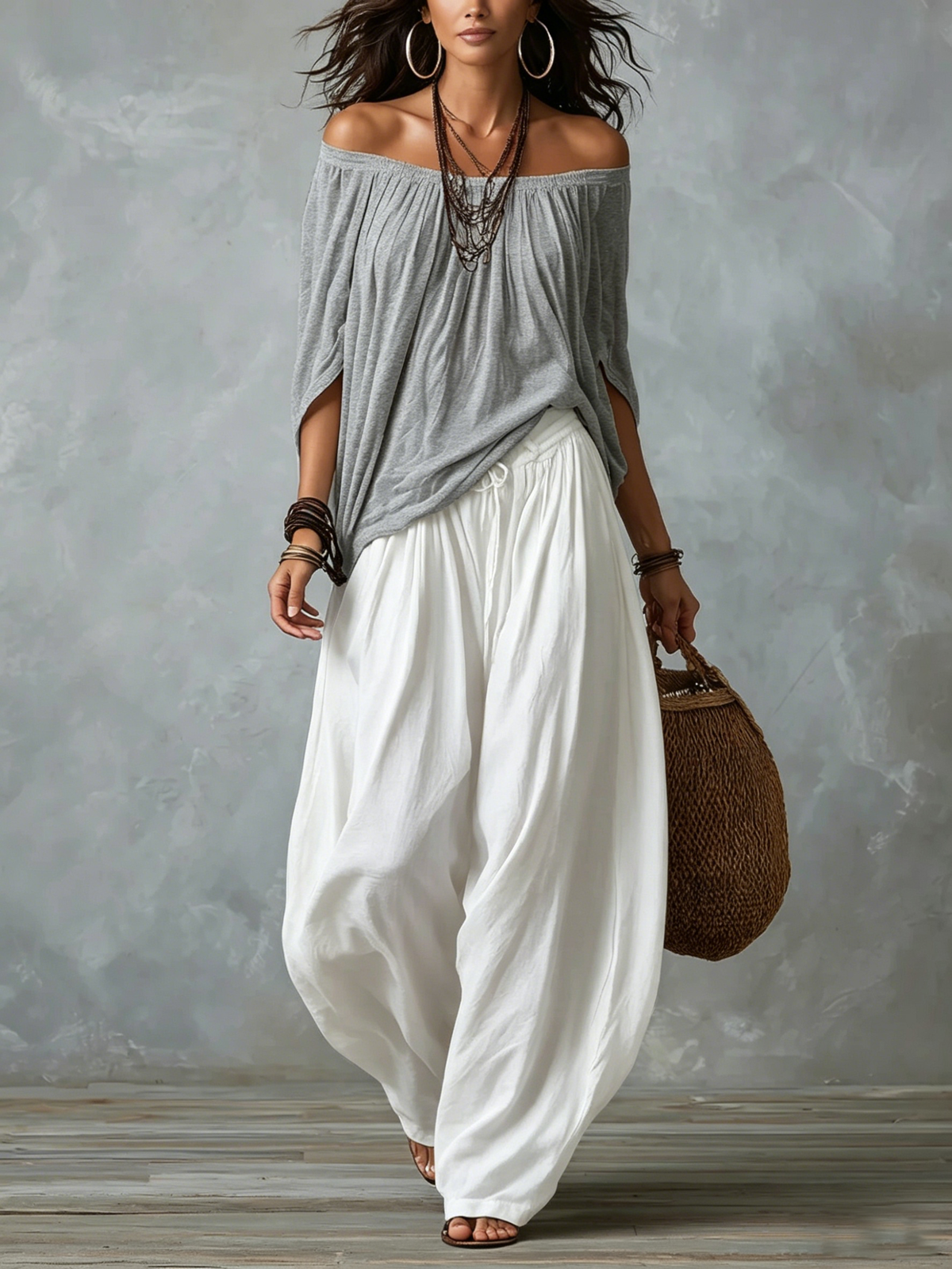 Raffaella two-piece set in grey and white, full front view