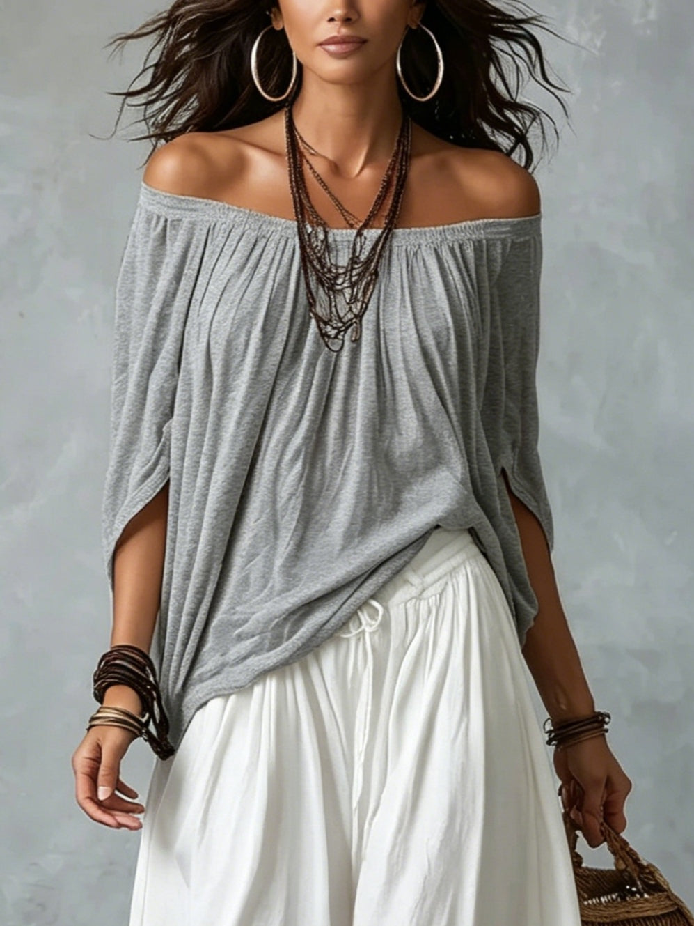 Raffaella off-shoulder top in grey, close-up of sleeves and neckline