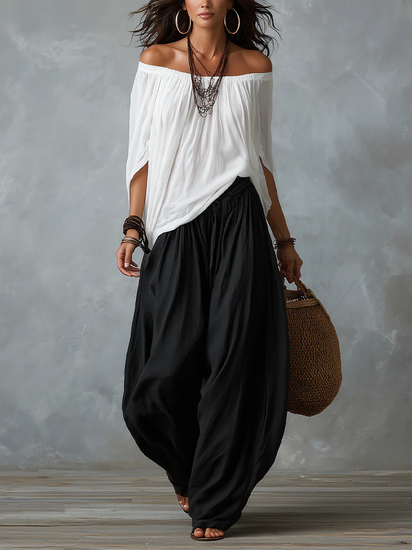 Raffaella off-shoulder two-piece set in white and black, full front view