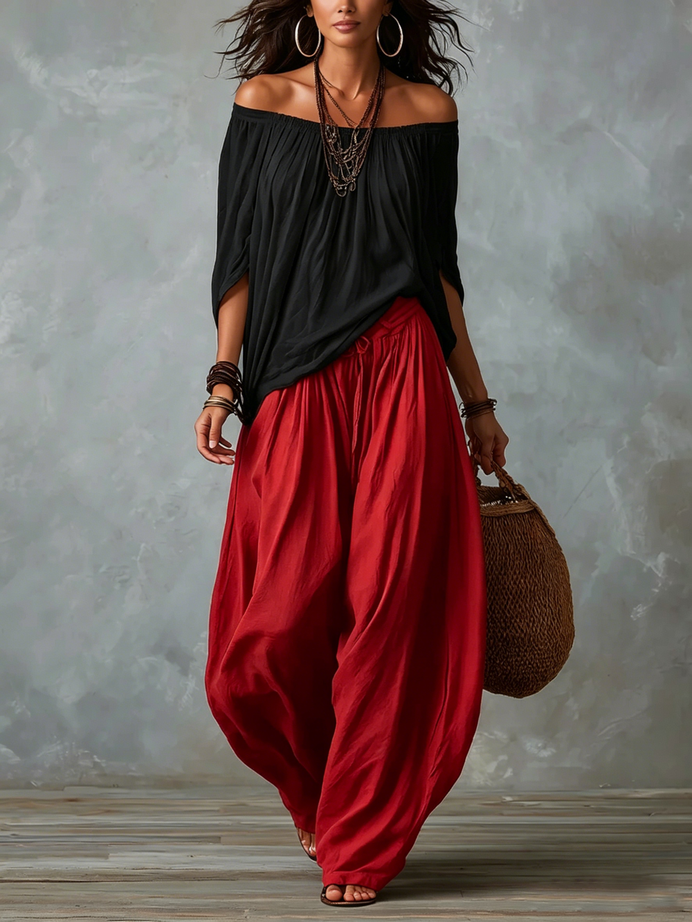 Off-shoulder top and lantern trousers set in black and red, full-length front view