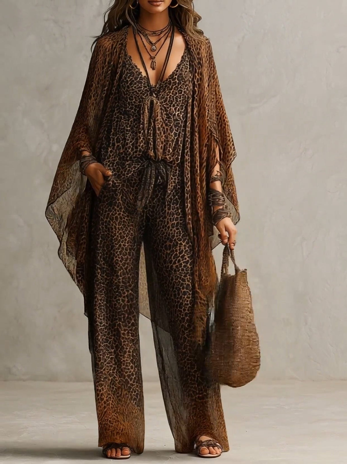 Brown leopard camisole, wide-leg trousers and cardigan, front view on model