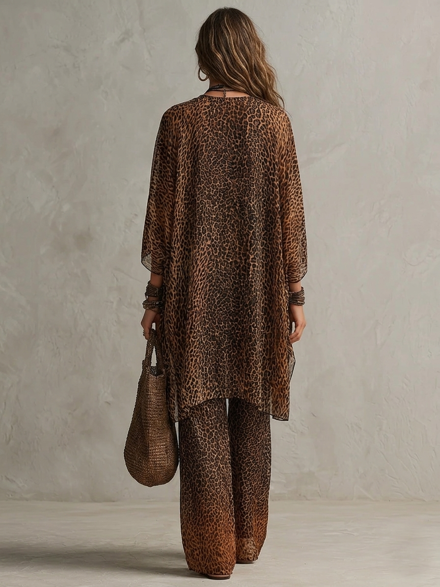 Brown leopard three-piece set, back view showing draped sheer cardigan