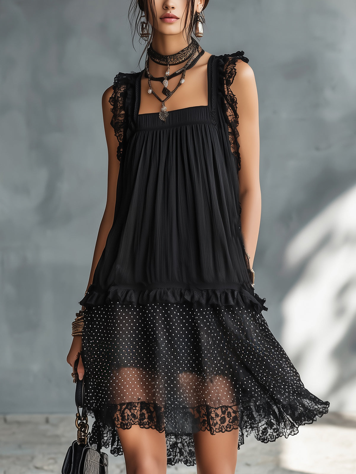 Pauline sheer polka-dot mini dress in black, full-length front view