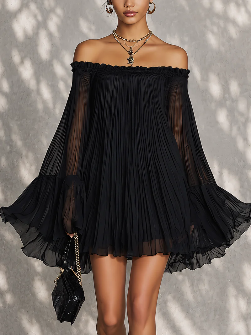Océane off-shoulder mini dress in black, front view with bell sleeves