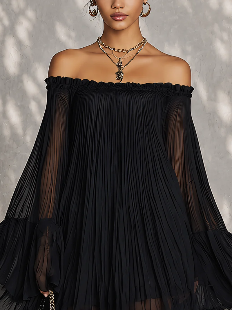 Océane black dress, close-up of ruffled off-shoulder neckline