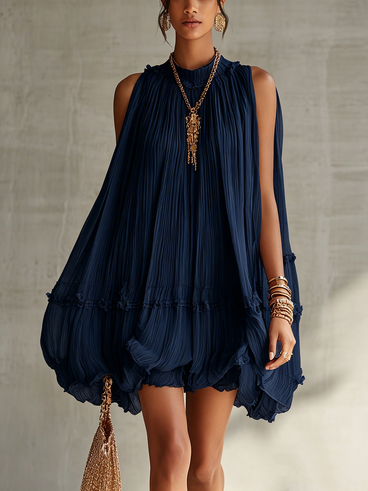 LIORA™ | Midnight Blue Ruffle Midi Dress