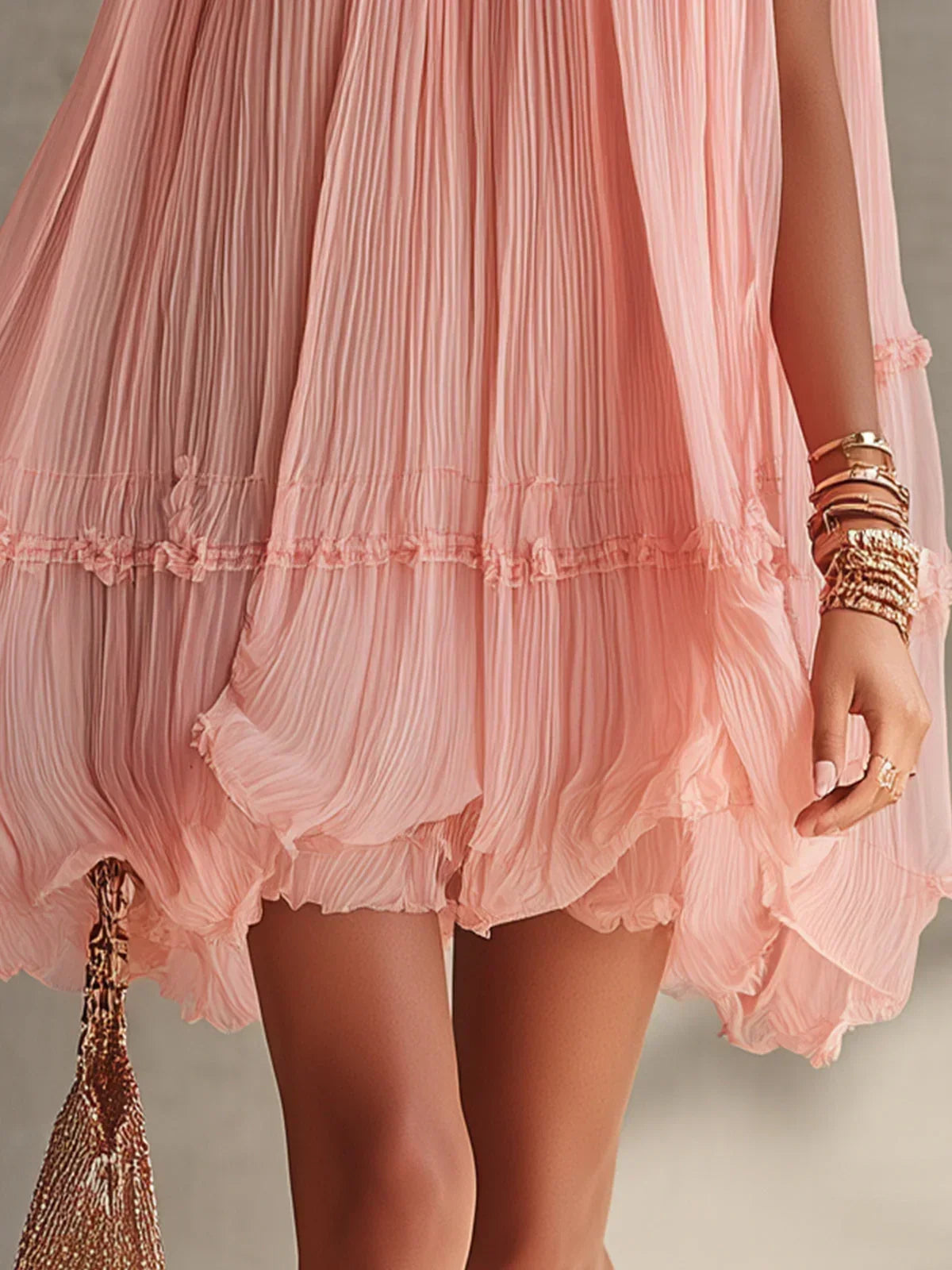 Magdalena pink mini dress, close-up of ruffled pleated hem