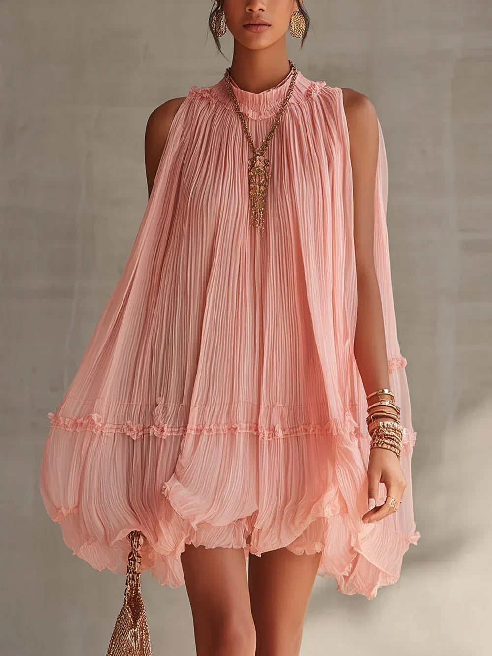 Magdalena pleated mini dress in pink, front view with halter neck
