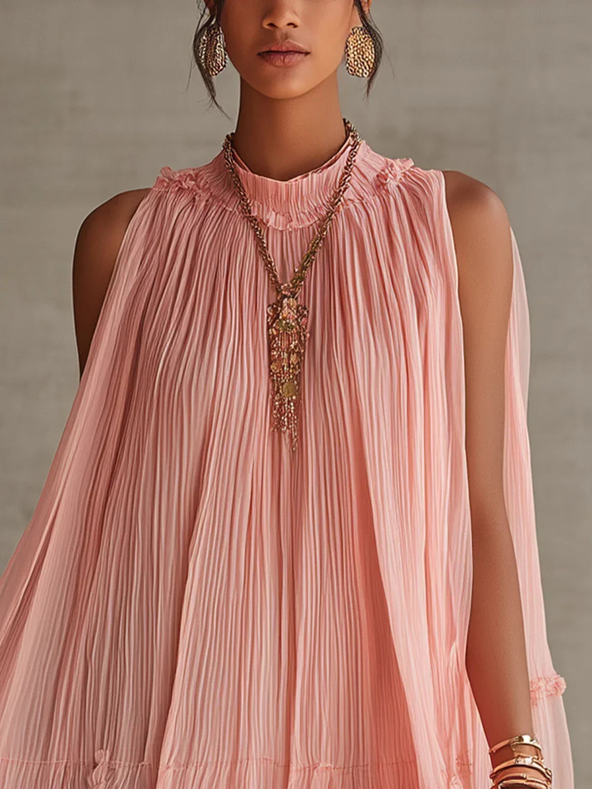 Magdalena pink mini dress, close-up of gathered halter neckline