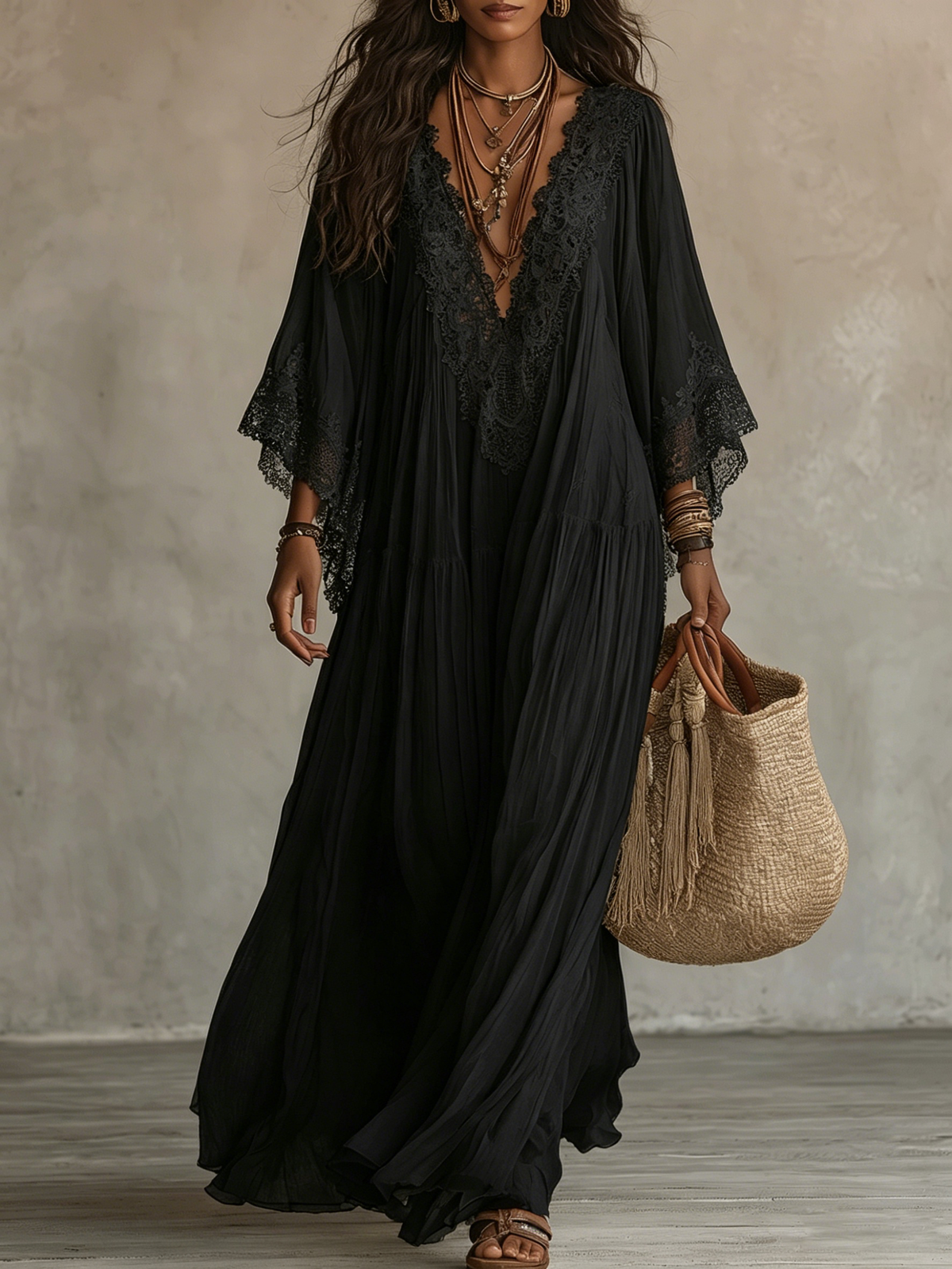 Ravenna batwing sleeve maxi dress in black, full-length front view