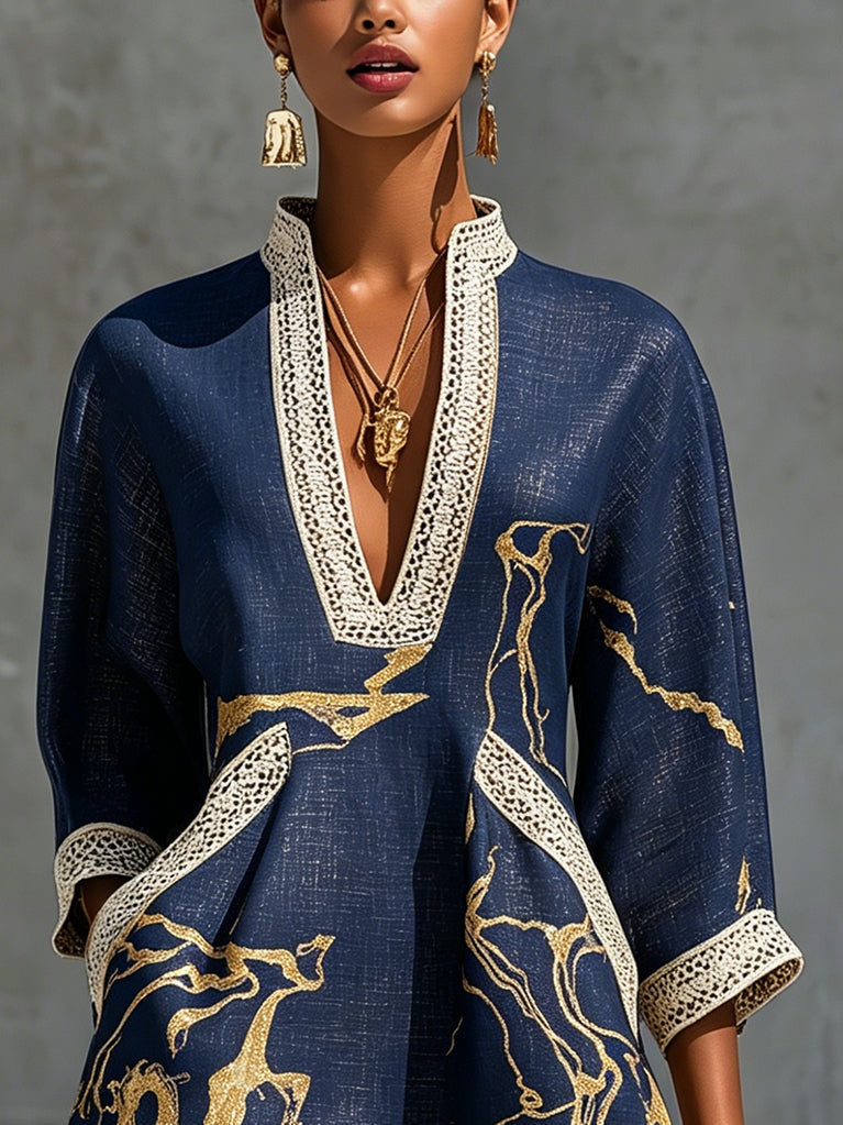 Close-up of Cosette dress crochet lace V-neck and stand collar in navy