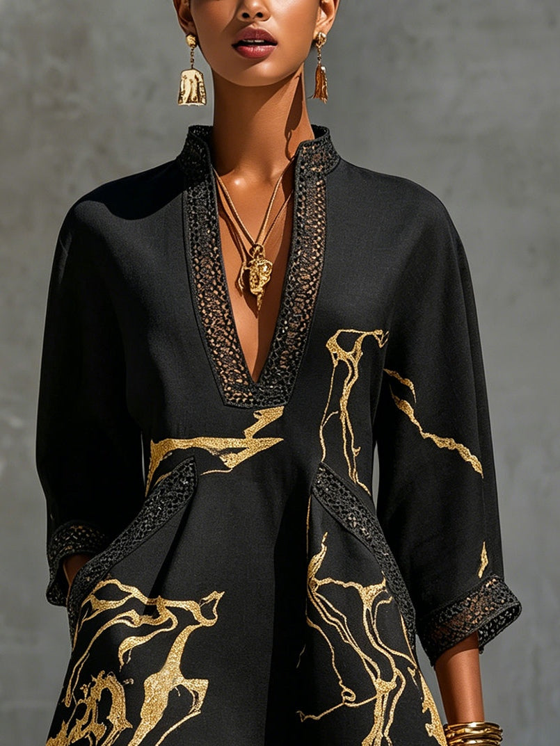 Léonie dress close-up of deep V-neckline with crochet lace trim