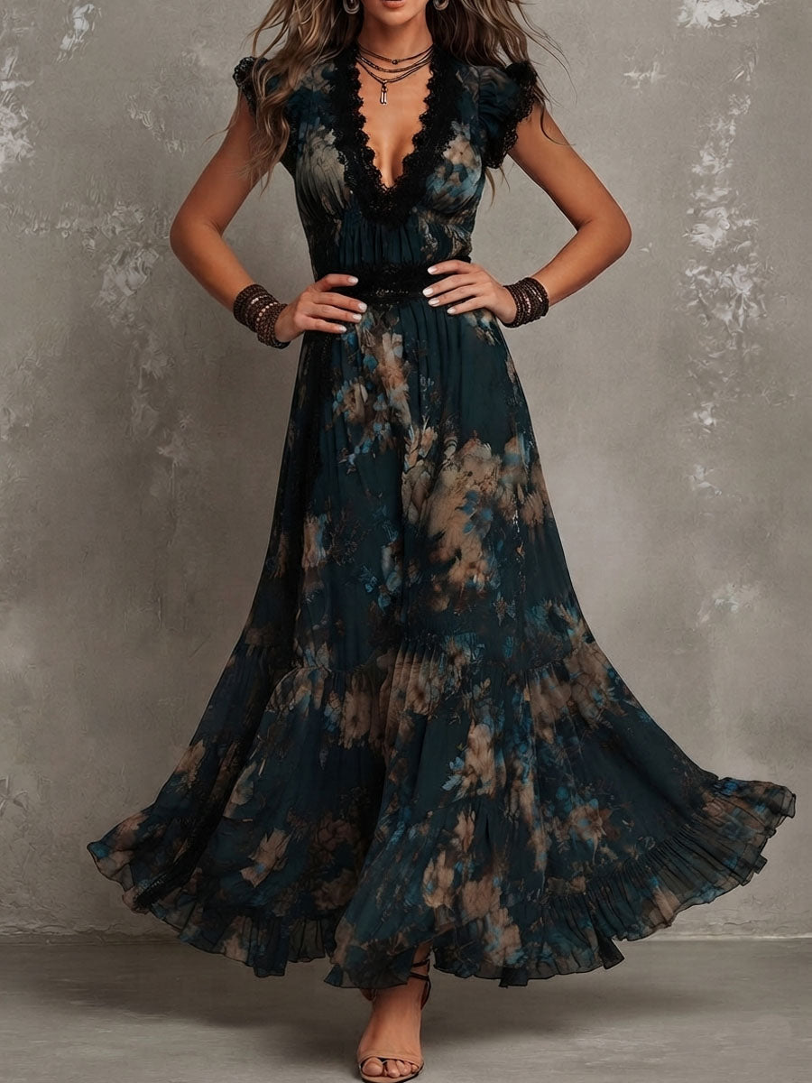 Victoria floral maxi dress in dark teal, front view with flowing skirt