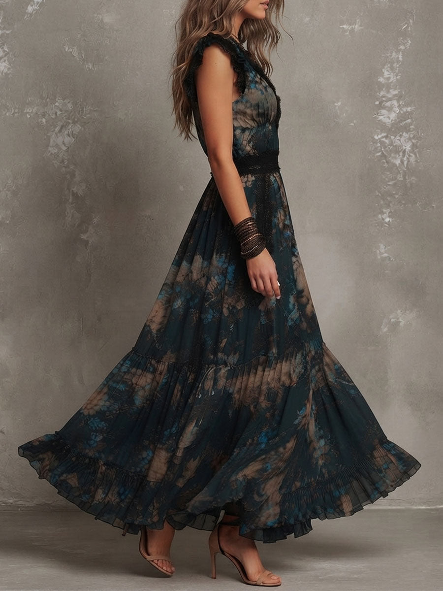 Victoria floral maxi dress in dark teal, side view showing tiered skirt