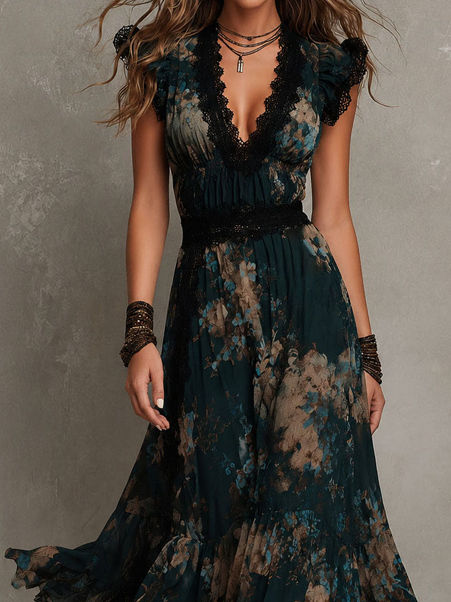Close-up of Victoria dress lace neckline and crochet waistband