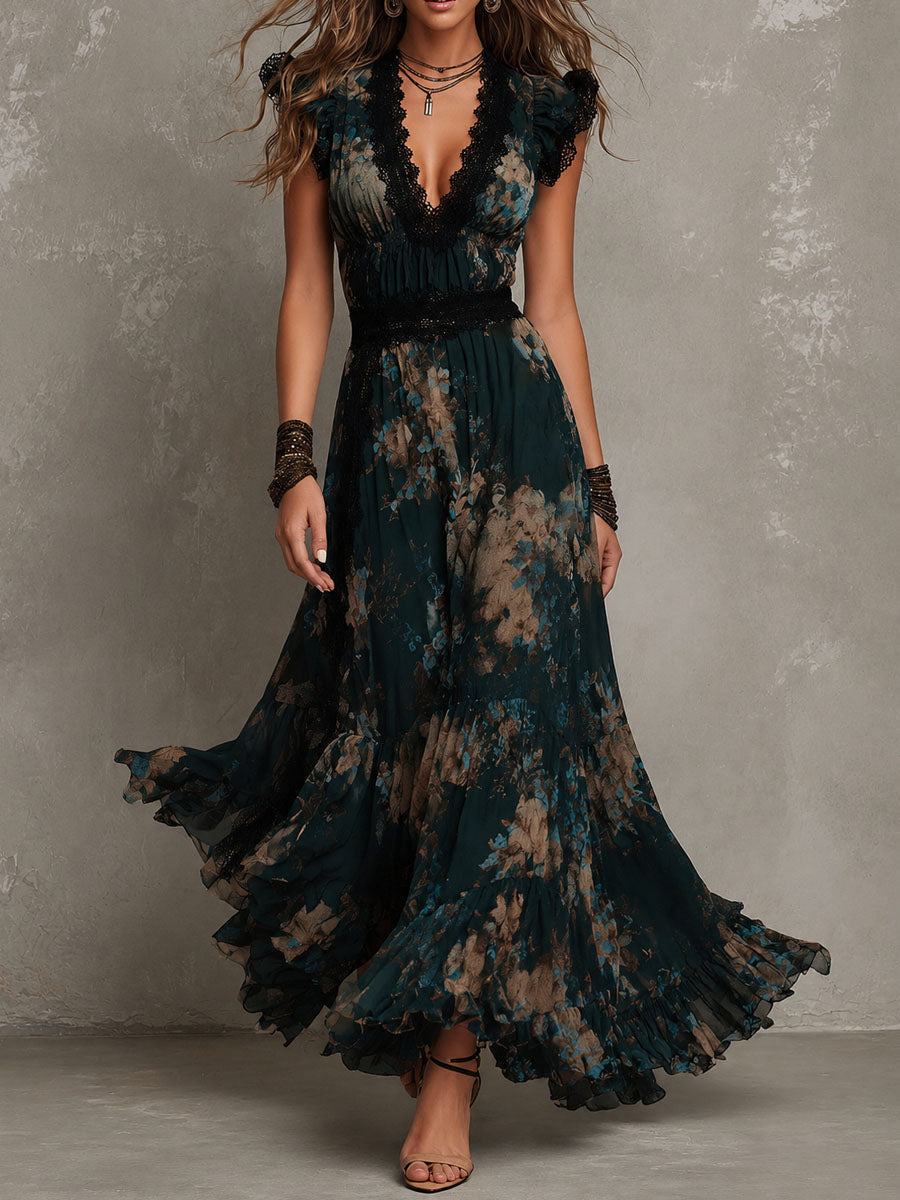 Victoria dark floral layered maxi dress, full-length front view