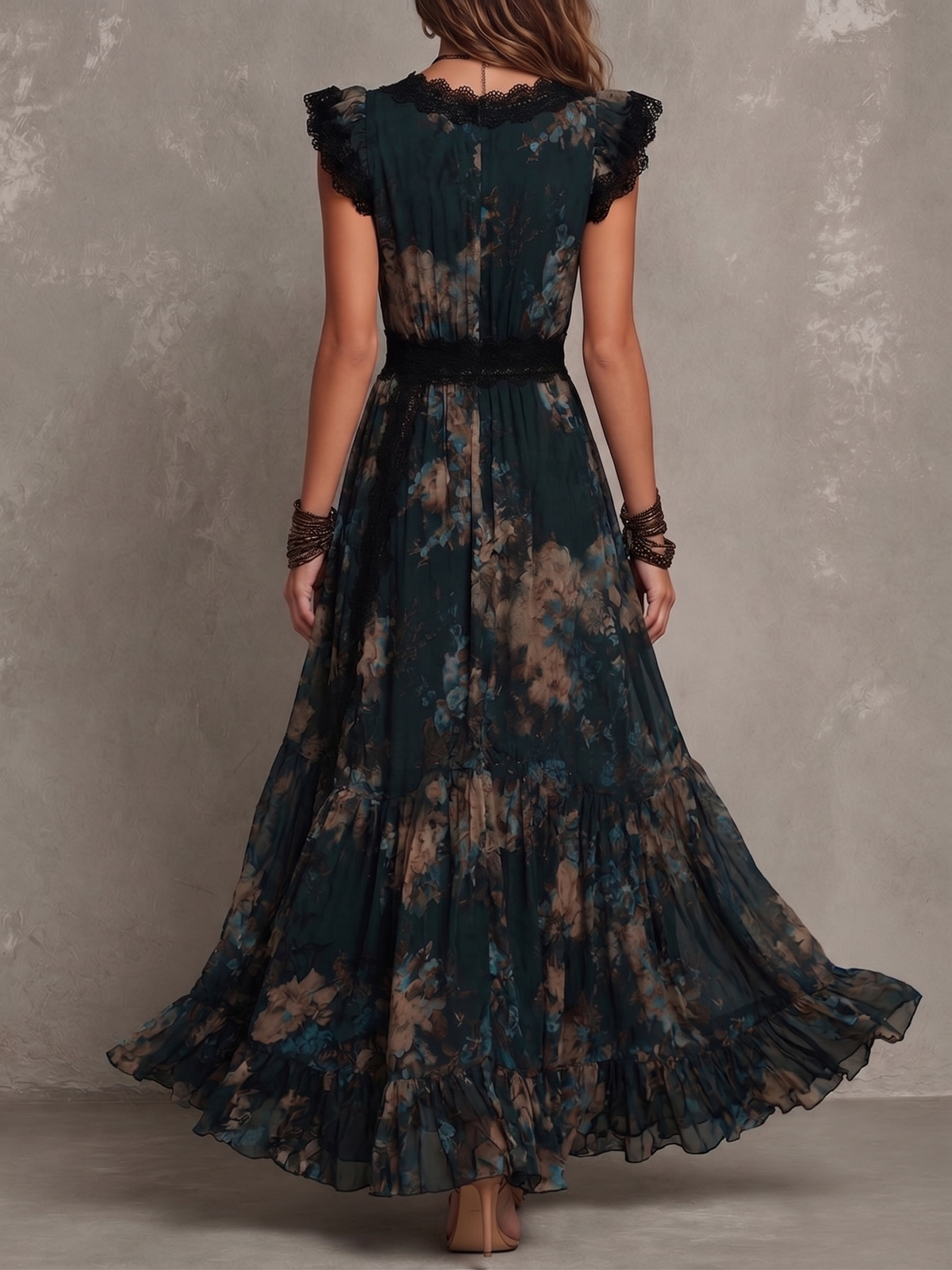 Victoria floral maxi dress in dark teal, back view with flutter sleeves