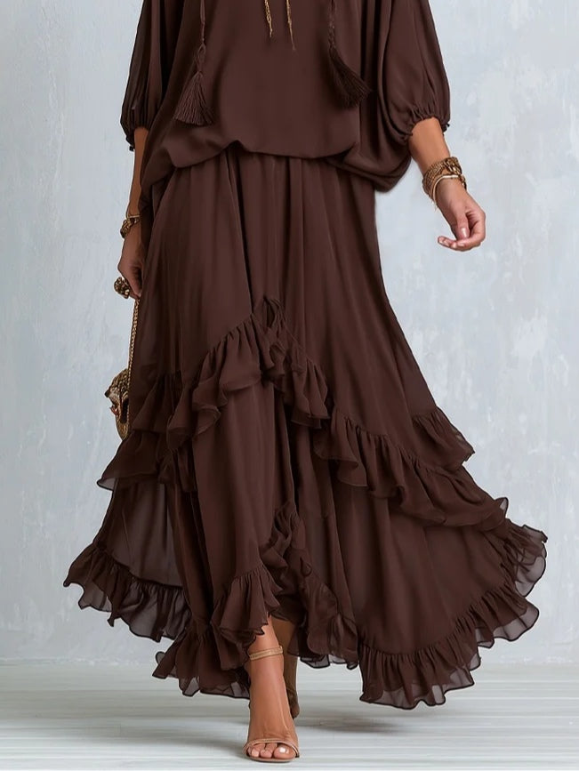 Ondine brown ruffle skirt detail with tiered chiffon hem