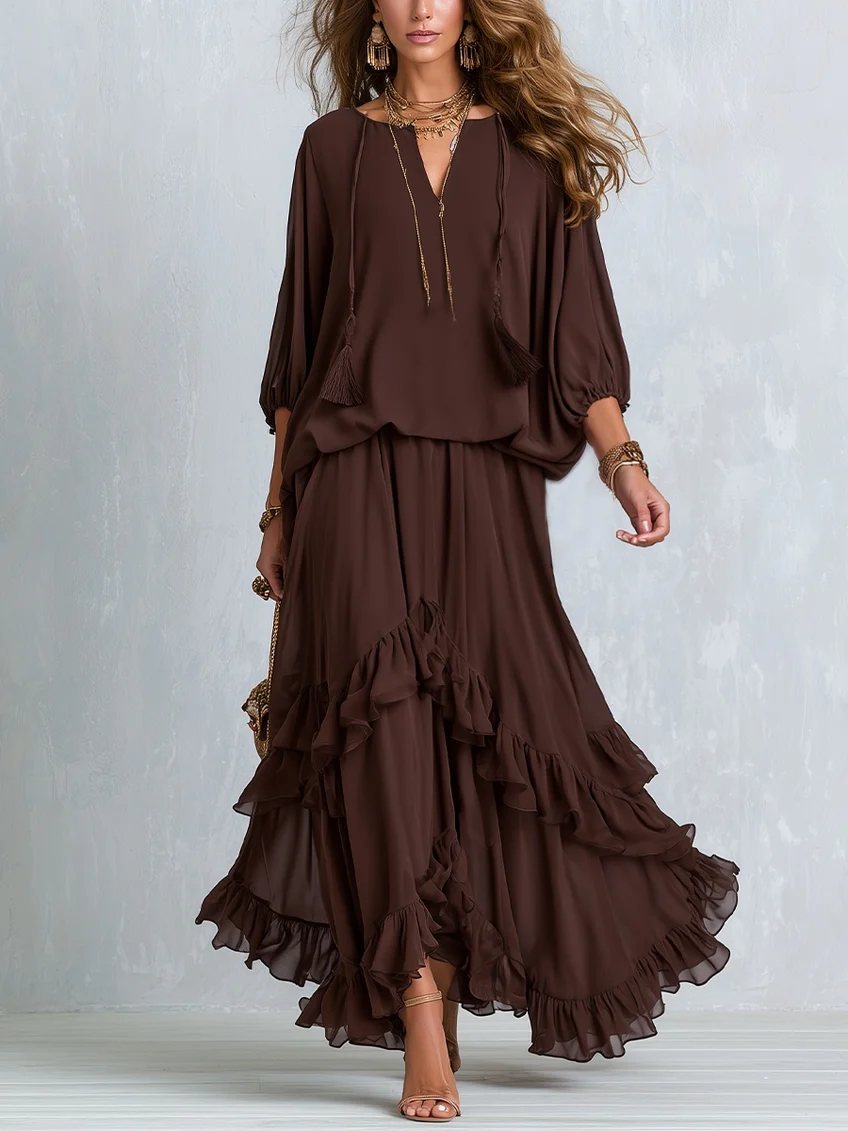 Ondine brown two-piece set with tassel-tied top and ruffle skirt, front view