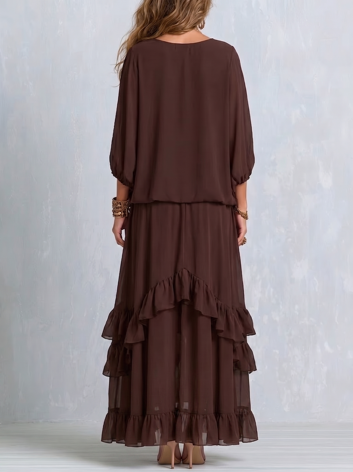 Ondine brown top and ruffle skirt set, back view