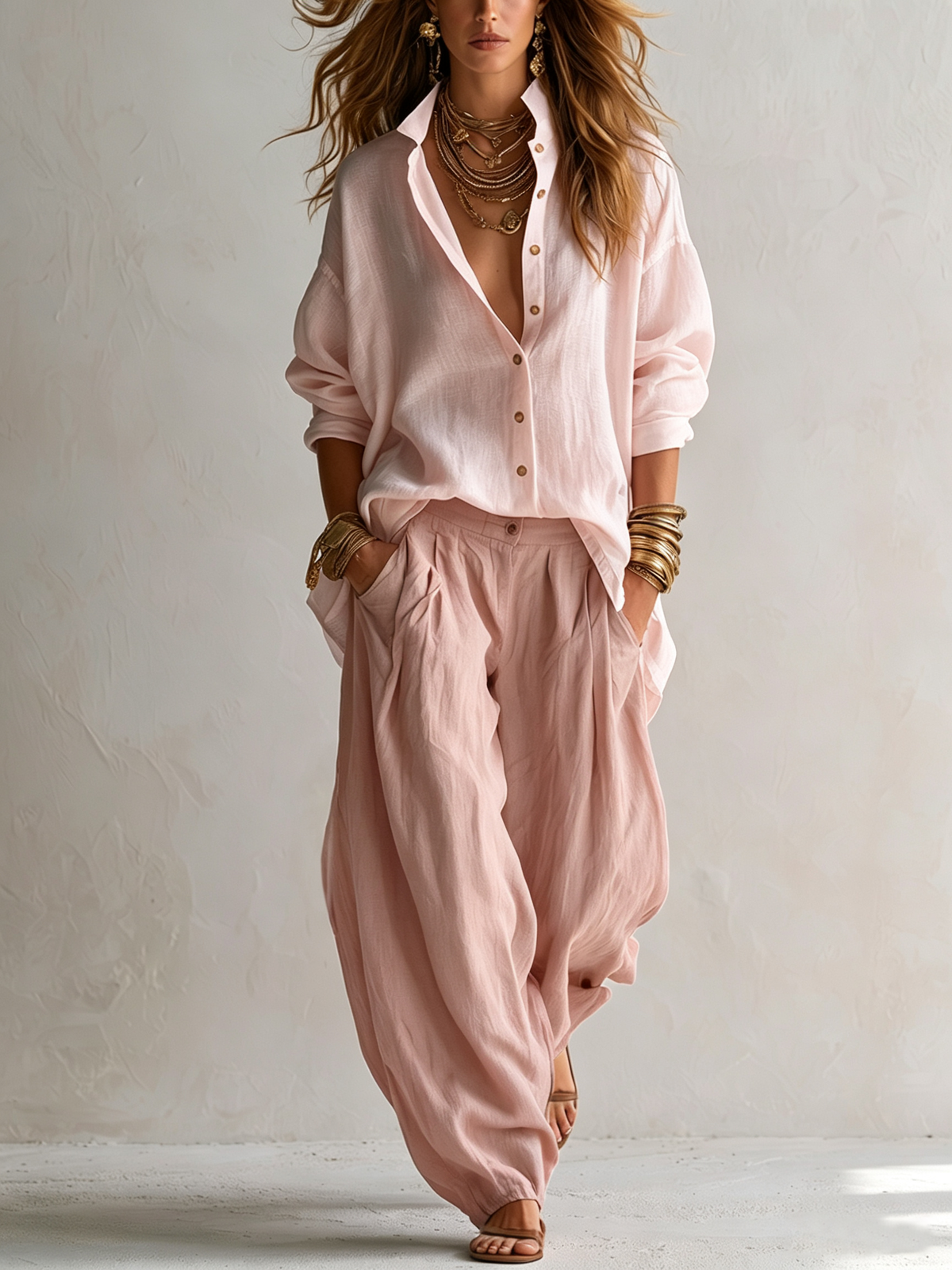 Capucine shirt and lantern trouser set in soft pink, full front view