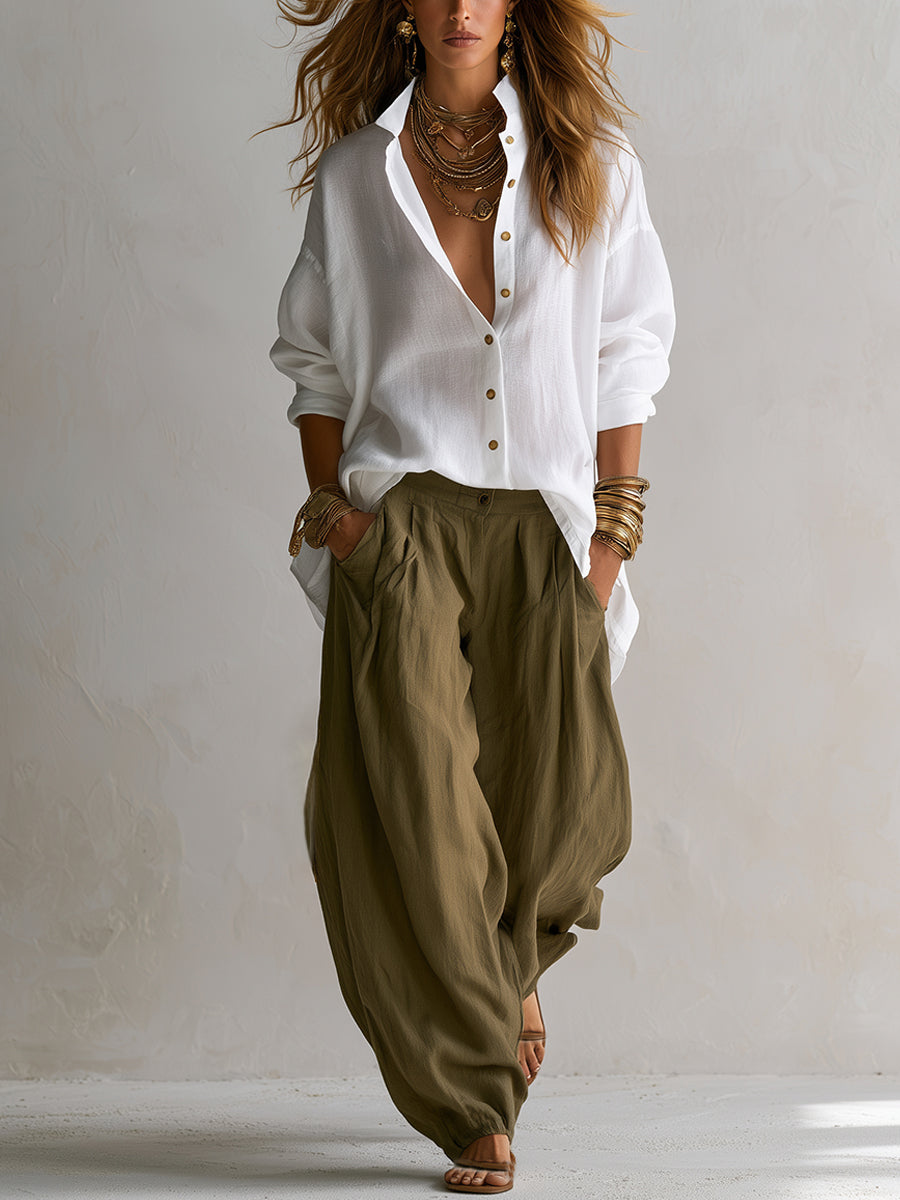 Capucine set with white relaxed shirt and olive green lantern trousers, full front view