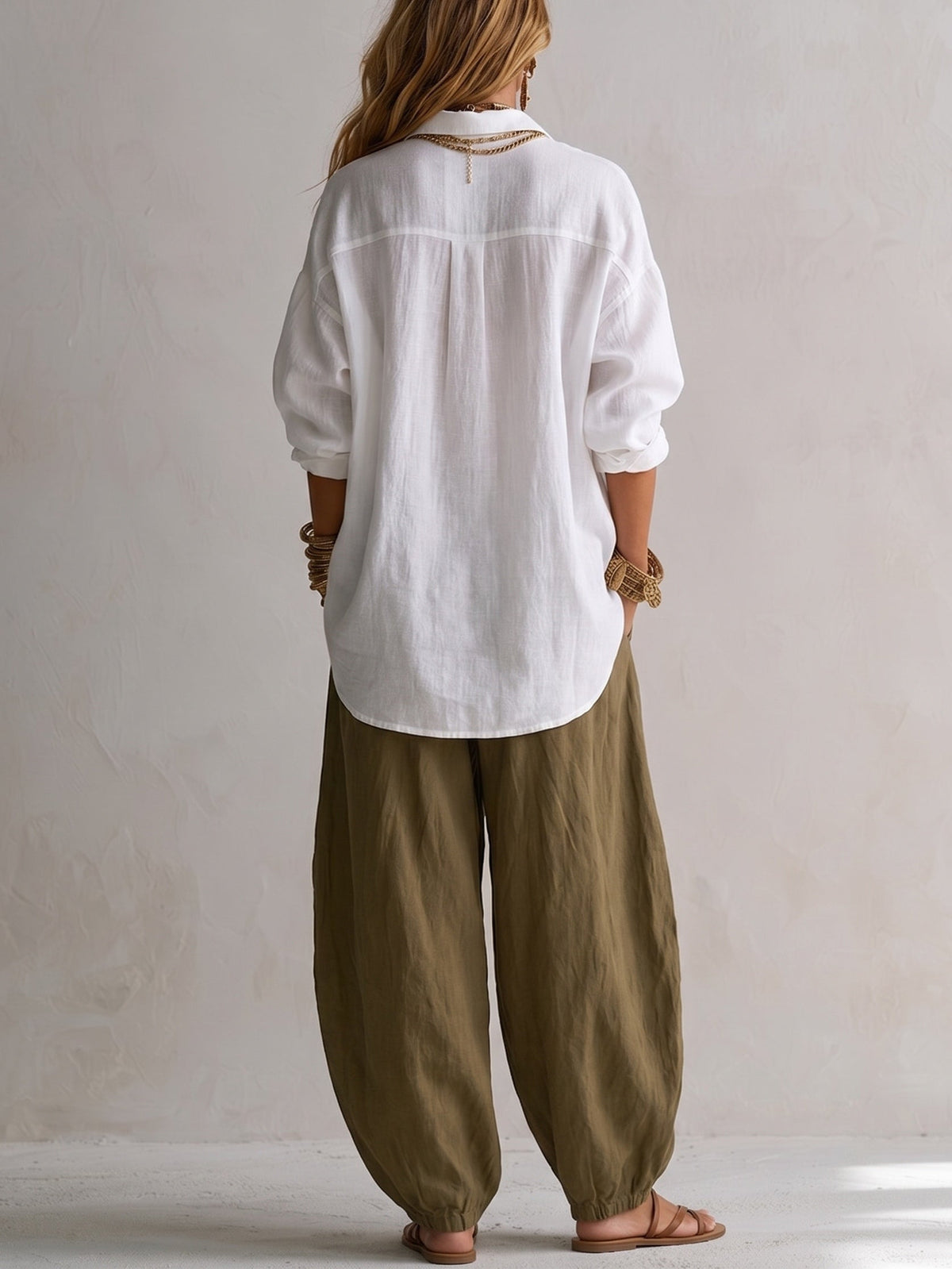 Capucine white shirt and olive lantern trousers set, full back view