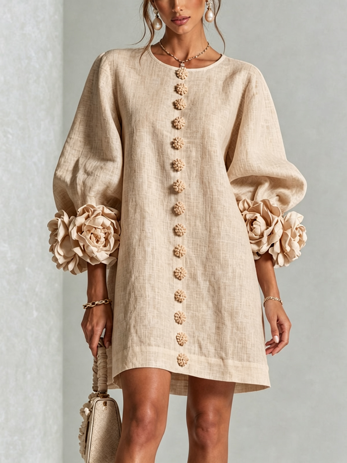 Ambra relaxed mini dress in beige, front view with floral buttons and rose cuffs