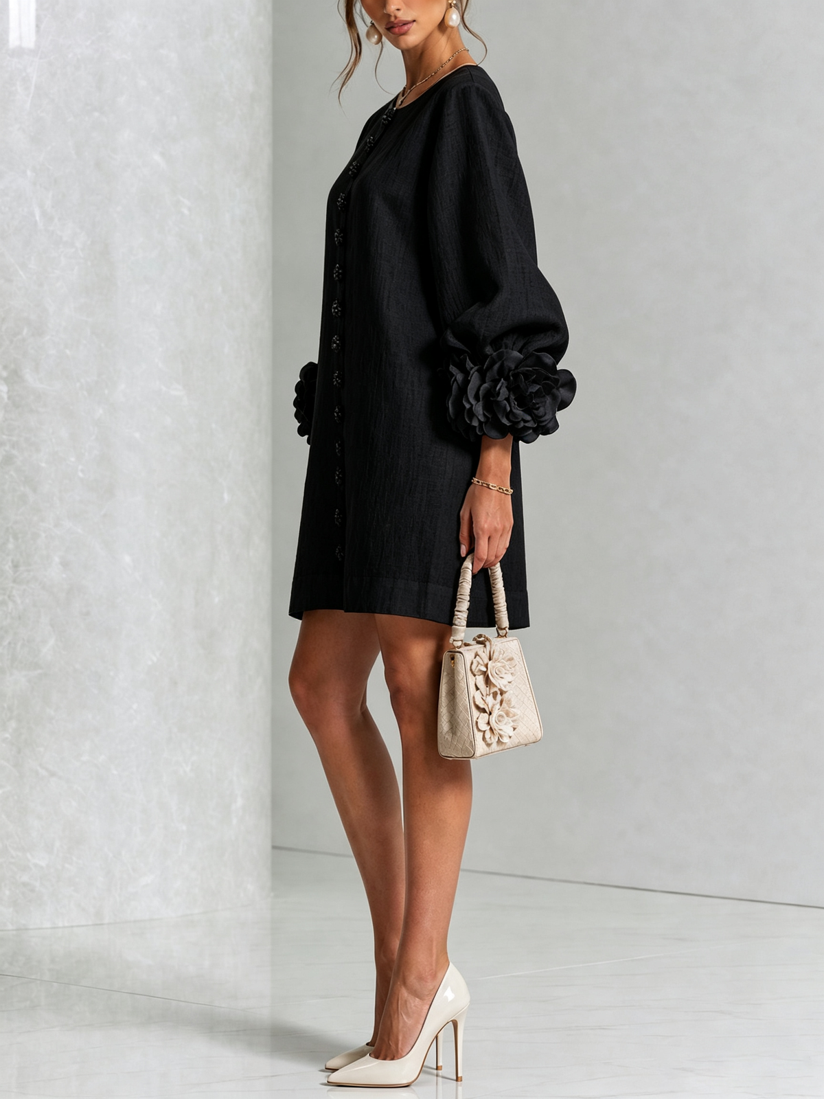 Frederica | Floral-Cuff Balloon-Sleeve Mini Dress