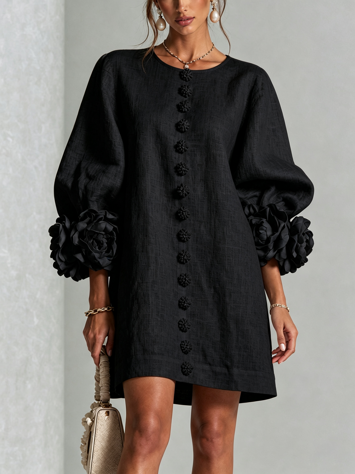 Frederica short floral-cuff dress in black, front view