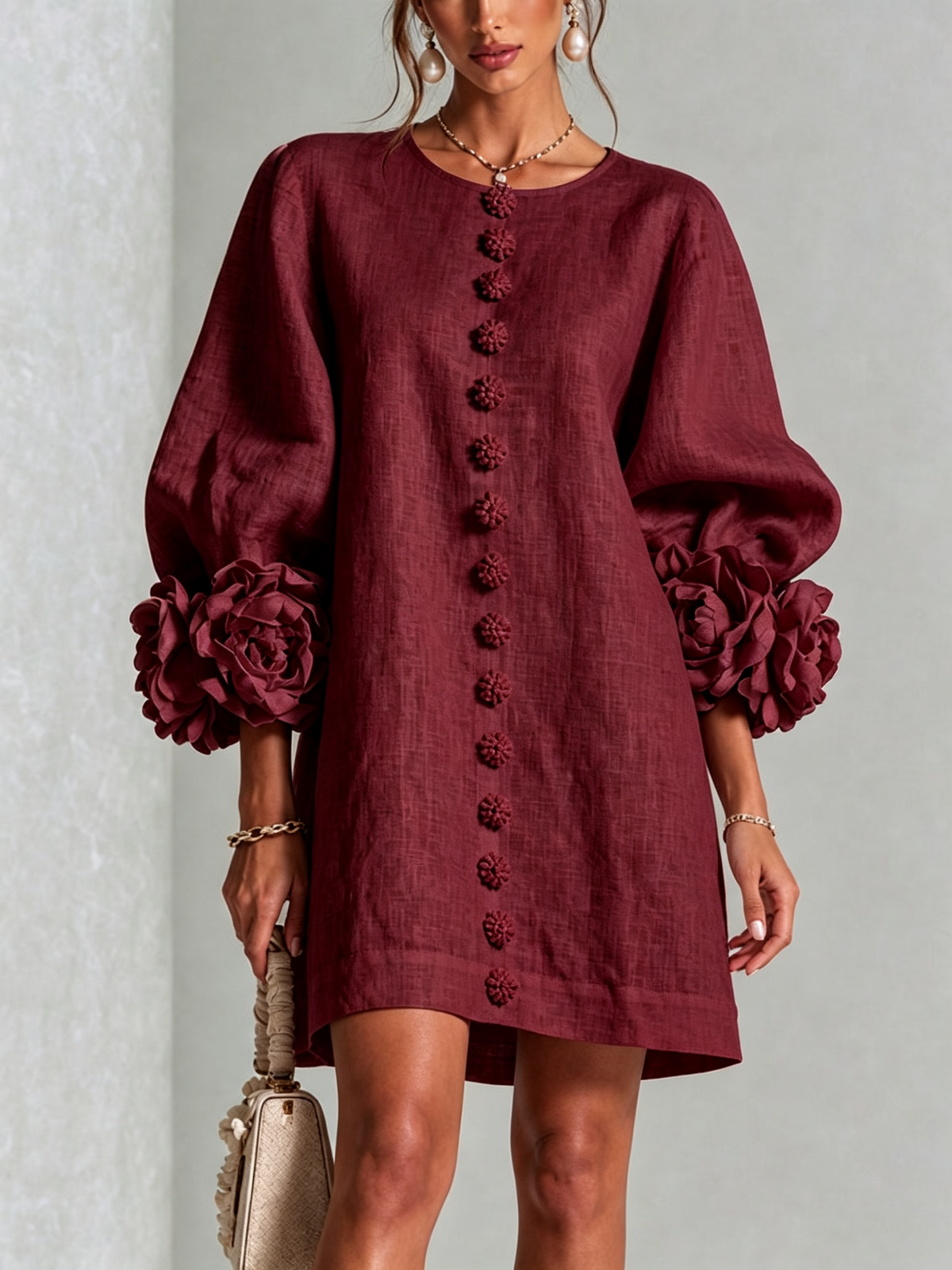 Ilaria relaxed mini dress in burgundy, front view with rose cuffs