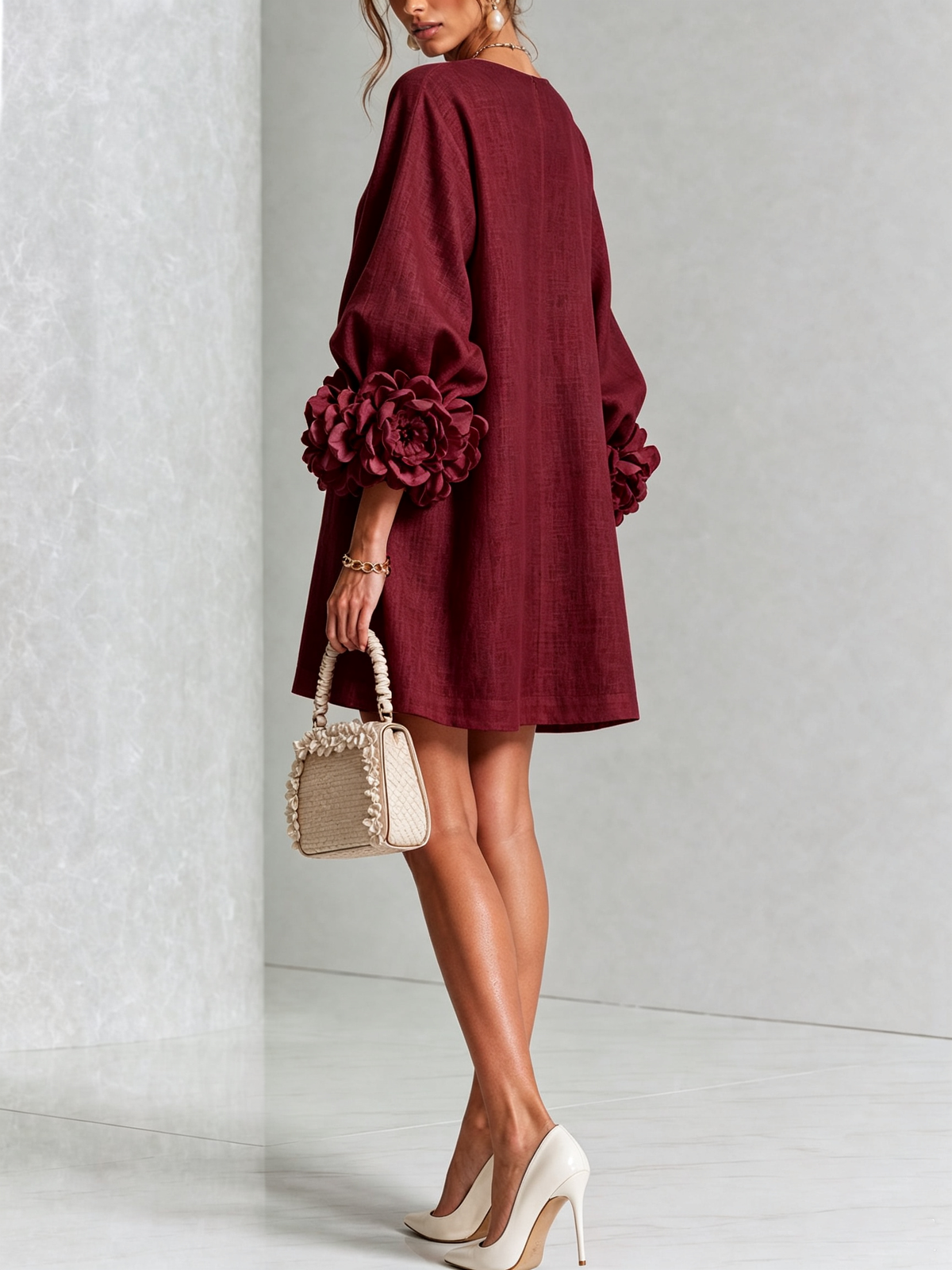 Ilaria burgundy mini dress, back view showing relaxed A-line shape