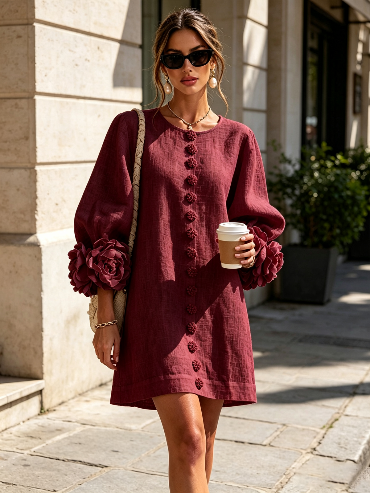 Ilaria burgundy mini dress worn on a sunny street, full-length view