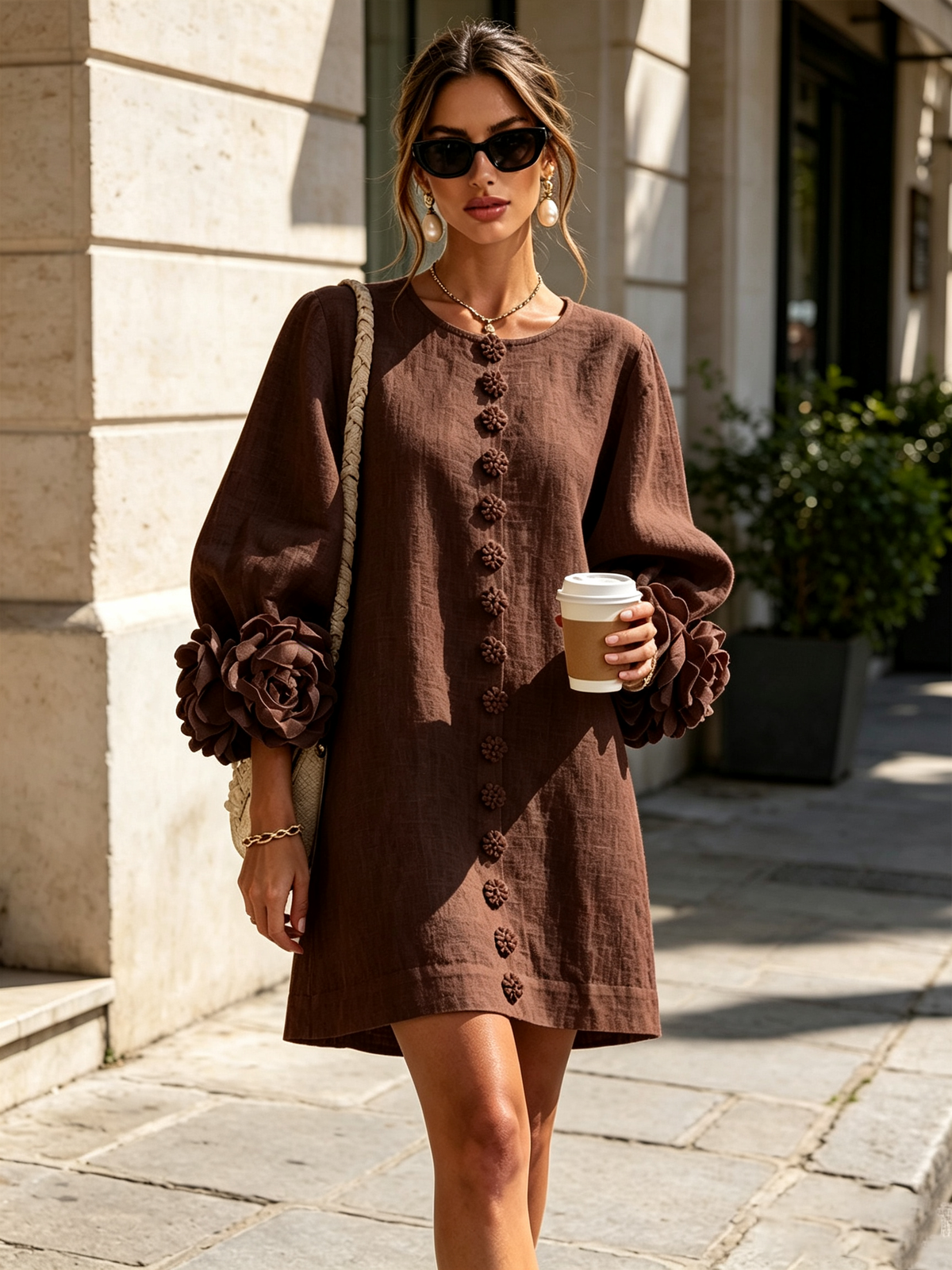 Bruna mini dress in chocolate brown worn on a sunny city street