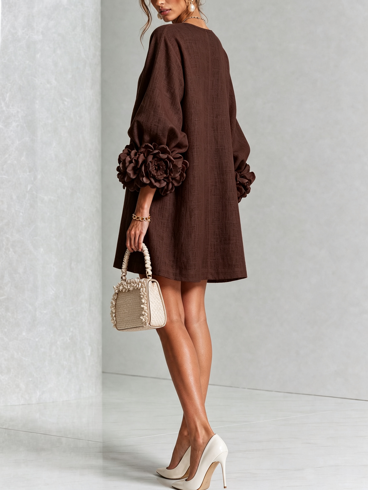 Bruna mini dress in chocolate brown, back view showing relaxed shift cut