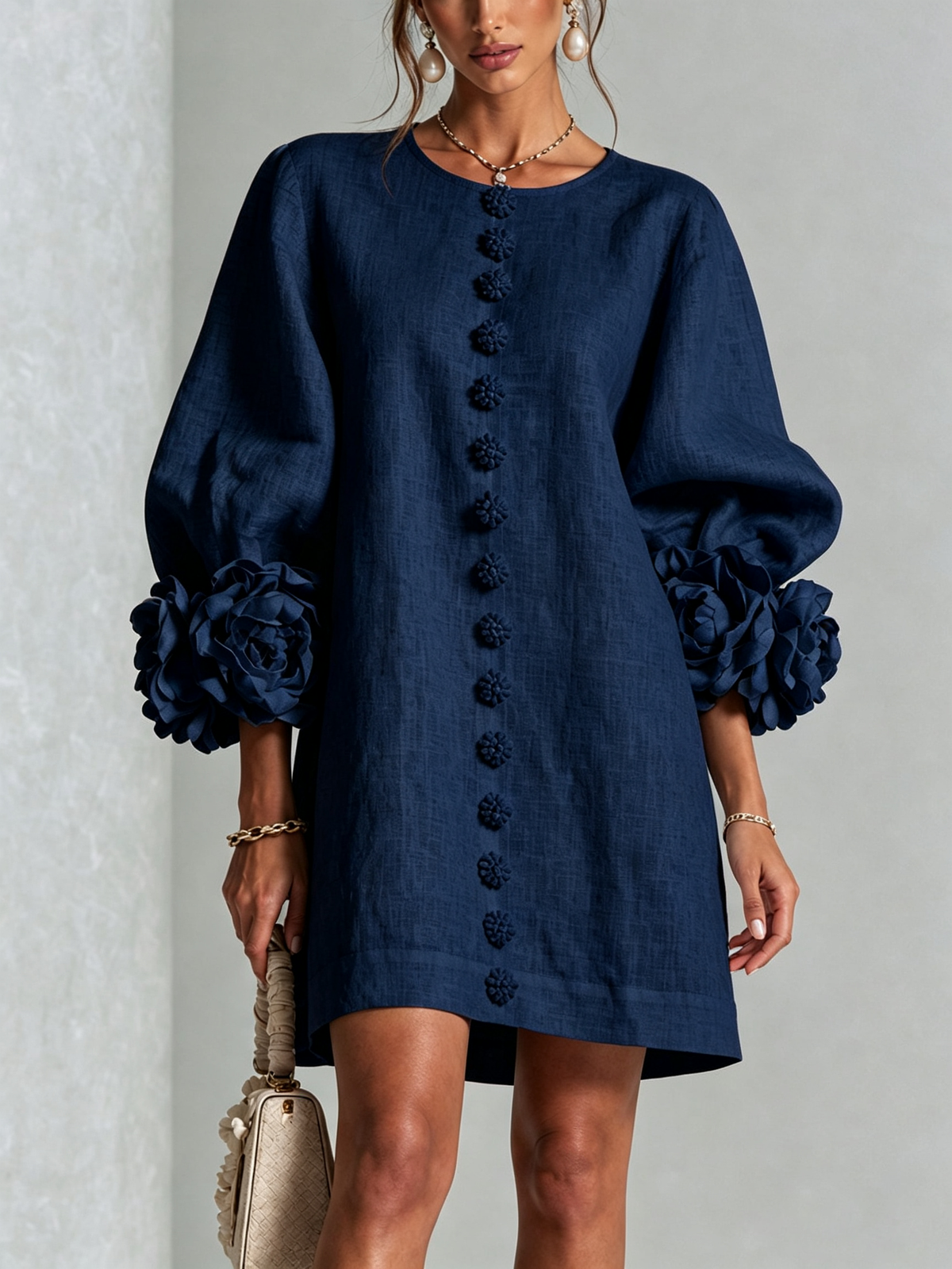 Frederica short floral-cuff dress in navy blue, front view
