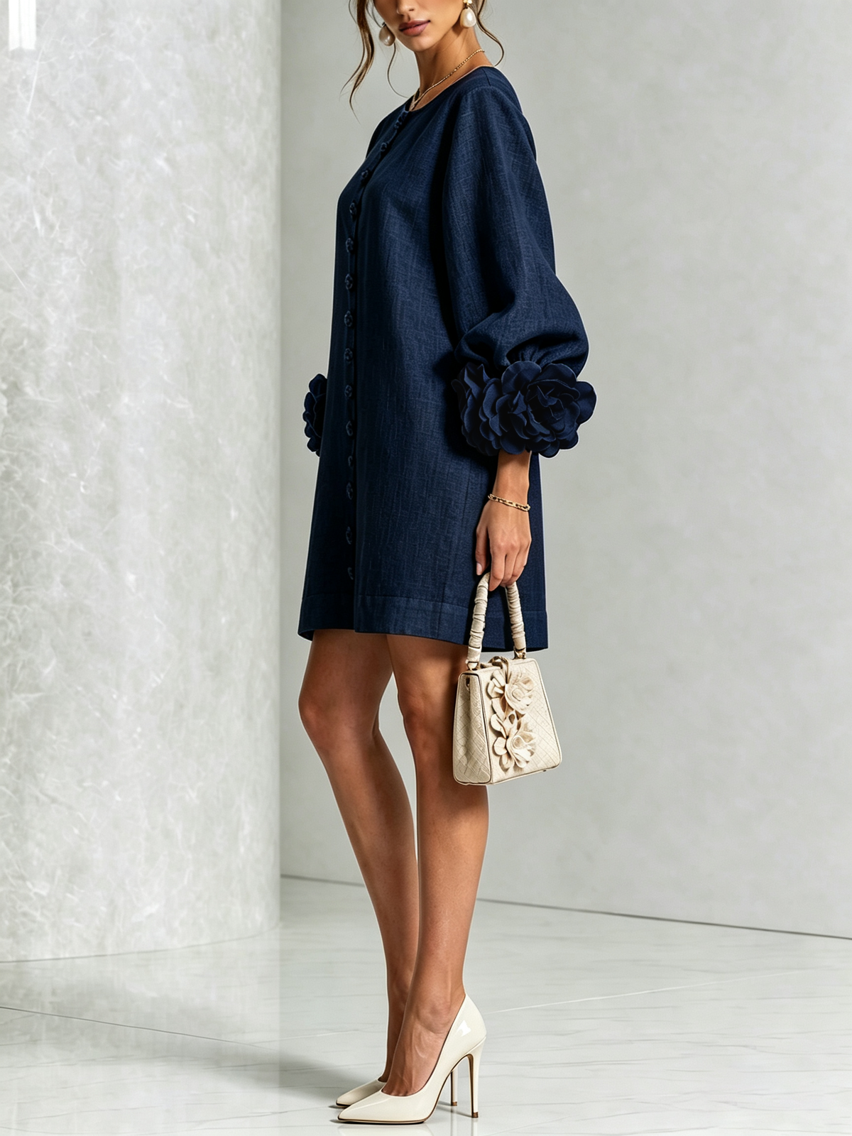 Frederica | Floral-Cuff Balloon-Sleeve Mini Dress