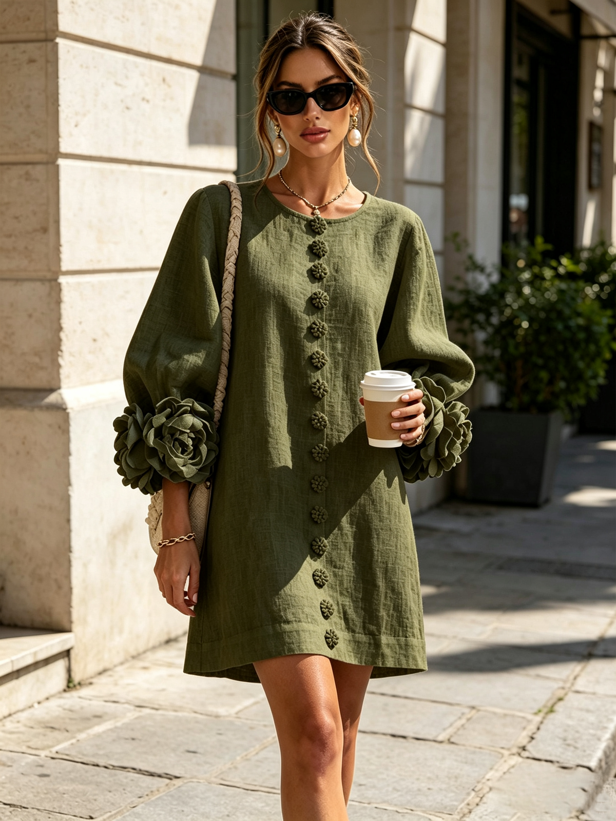 Frederica | Floral-Cuff Balloon-Sleeve Mini Dress