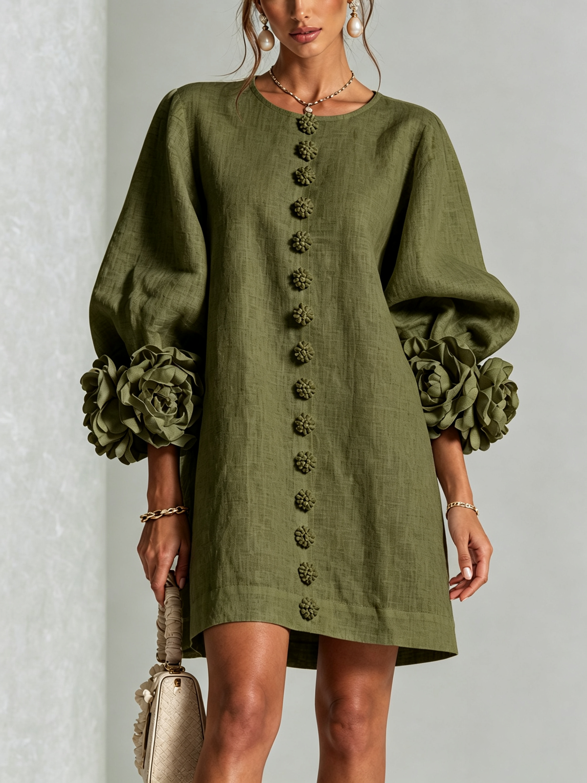 Frederica short floral-cuff dress in olive green, front view