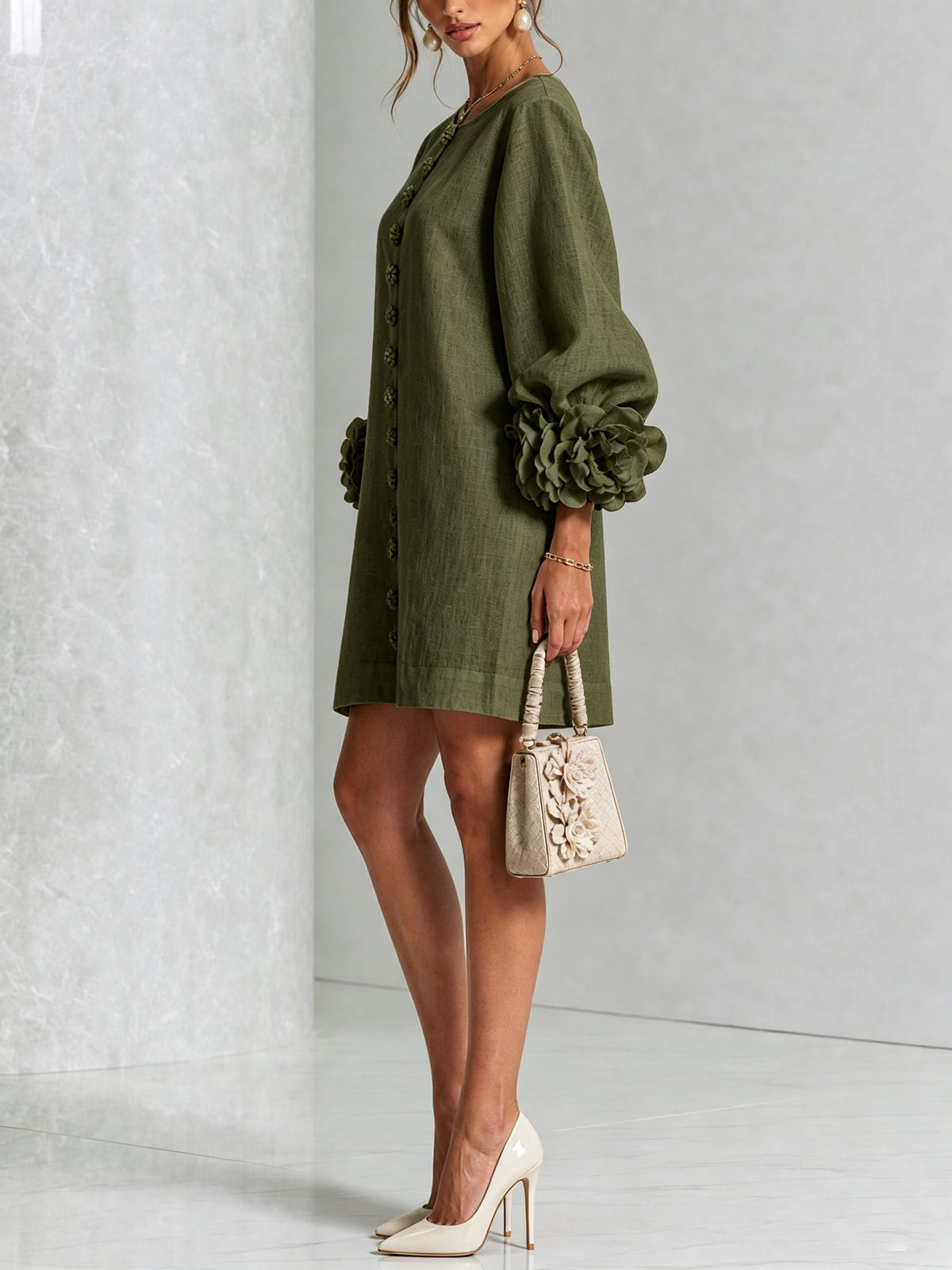 Frederica | Floral-Cuff Balloon-Sleeve Mini Dress