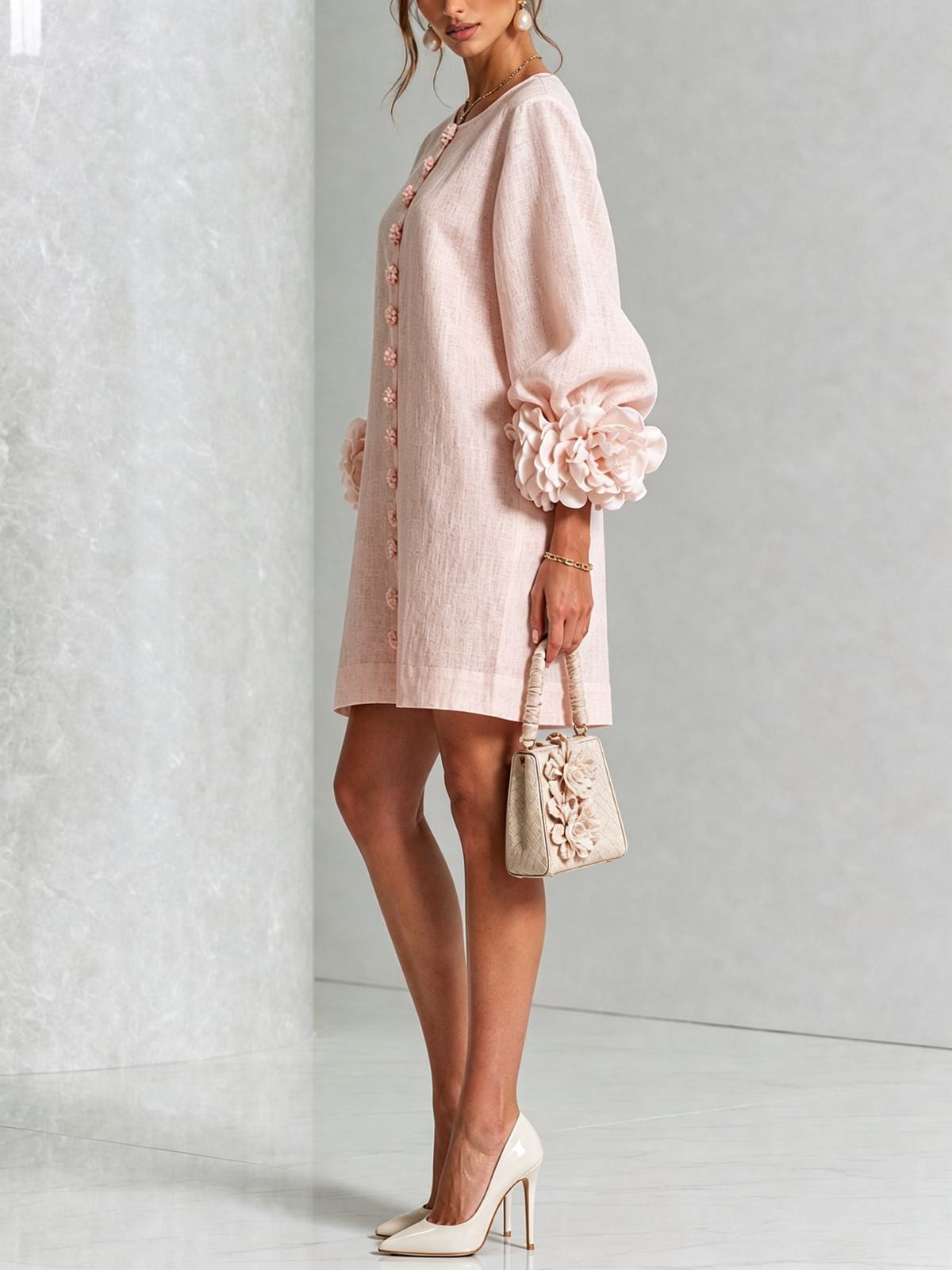 Noemi mini dress in pink, side view showing rose cuff detail