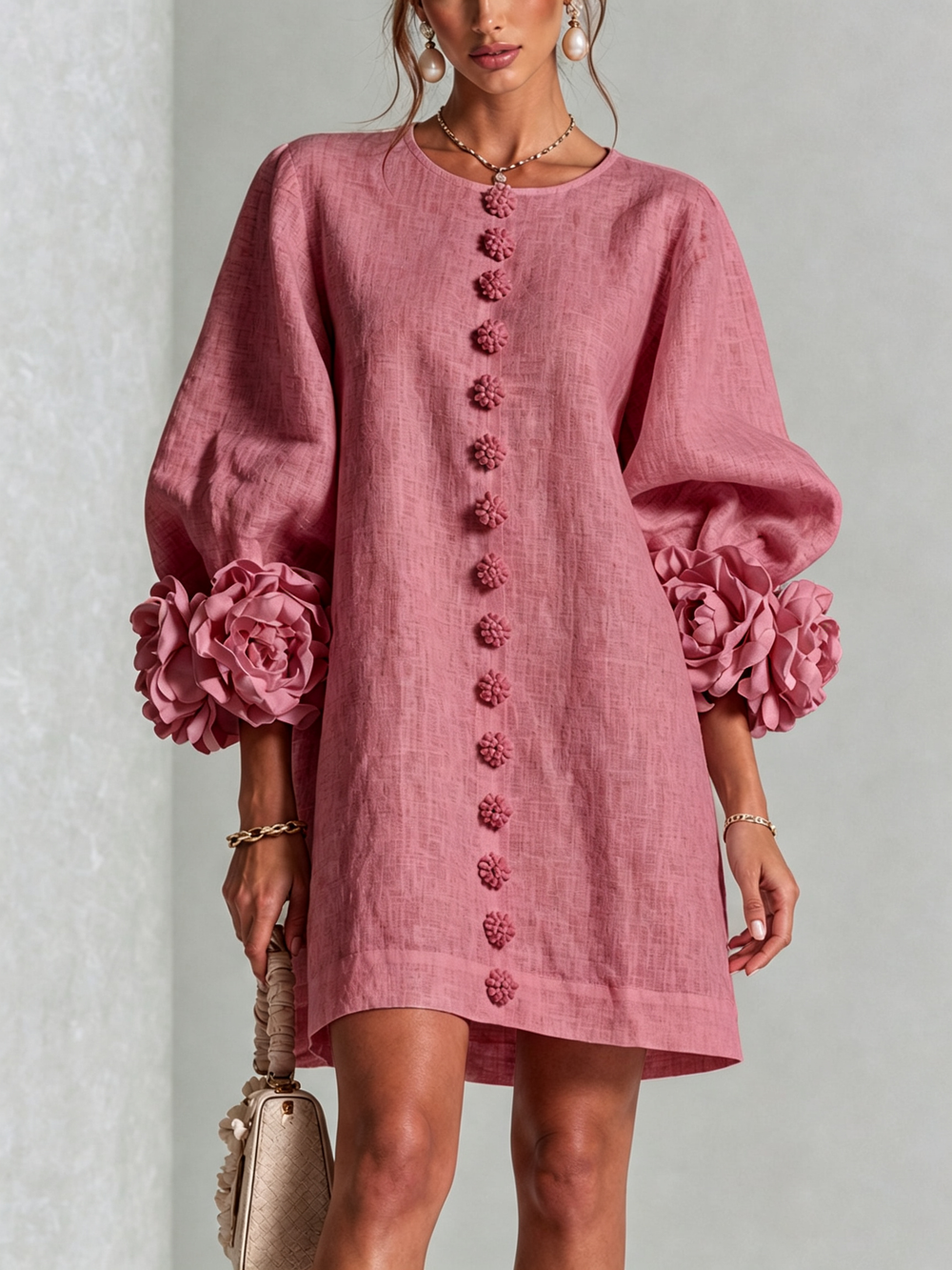 Alba relaxed mini dress in dusty rose, front view with rose cuffs